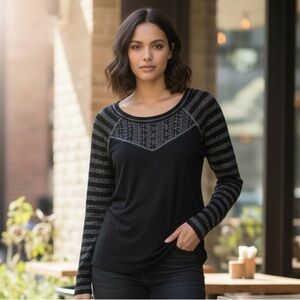 Miss Me Black Striped Crochet Long Sleeve Knit Blouse